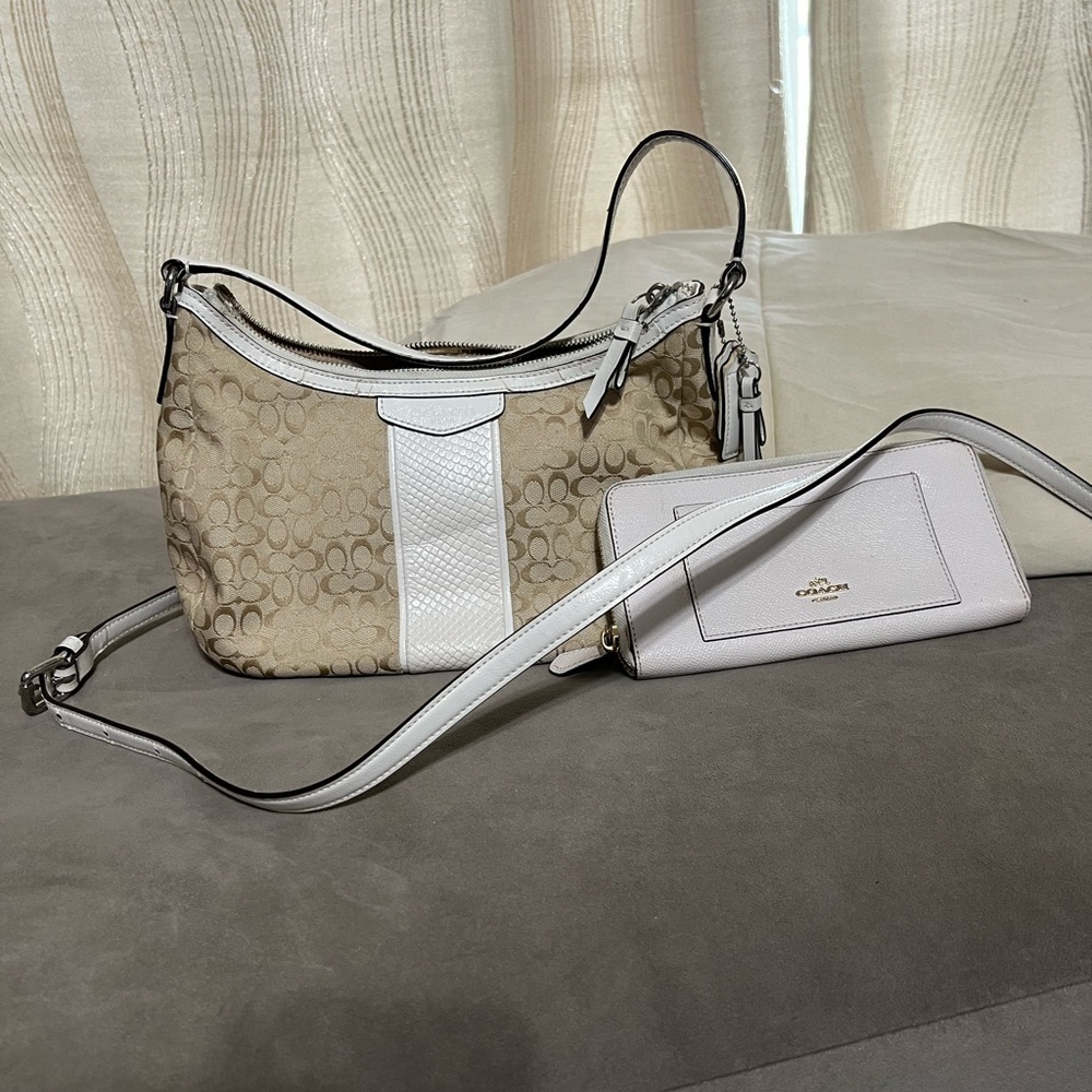 Coach Tan and White Shoulder Bag with wallet